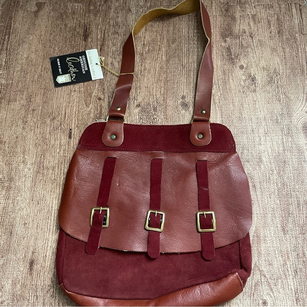 Deadstock Vintage 70s Maroon Leather & Suede Buckle Front Shoulder Purse